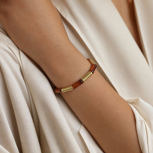 Amber-tortoise & gold chunky bamboo-tube stretch bracelet