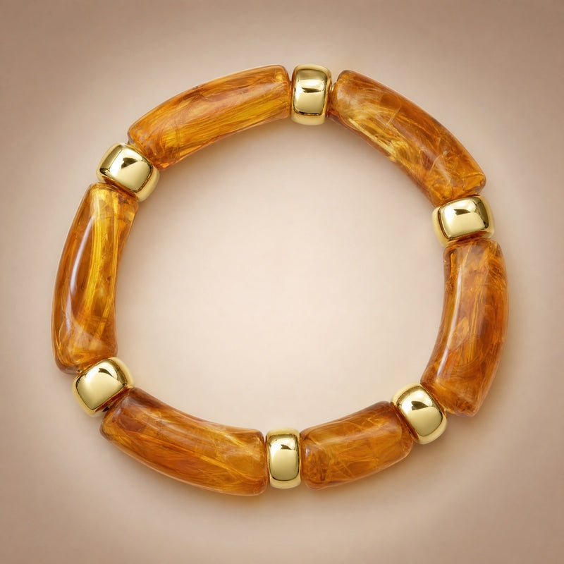 Amber-marble curved-tube stretch bracelet, gold spacers