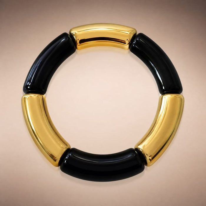 Black-marble & gold wide curved-tube stretch bracelet
