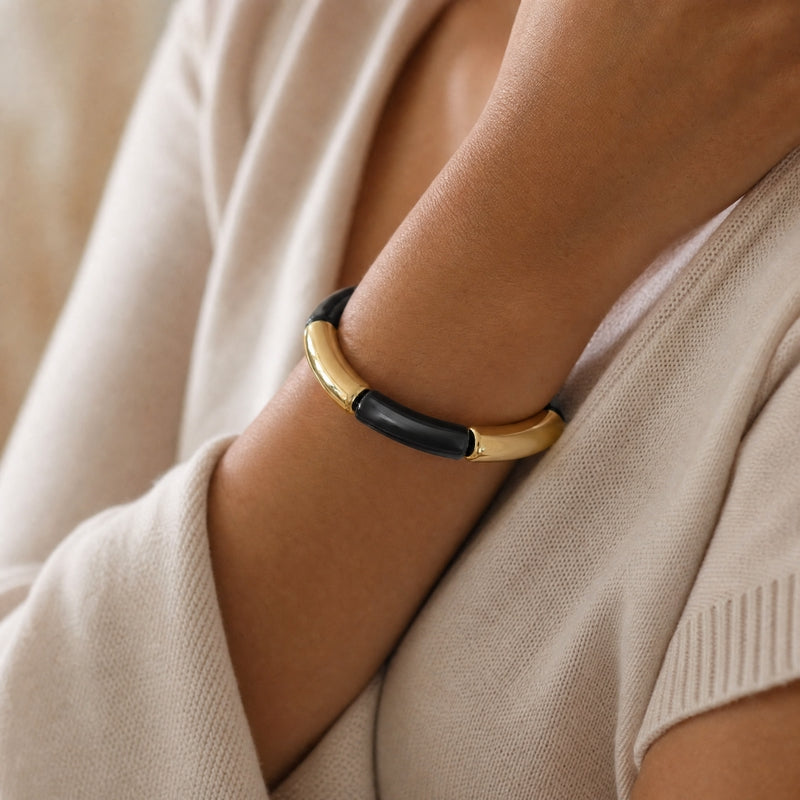Black-marble & gold wide curved-tube stretch bracelet