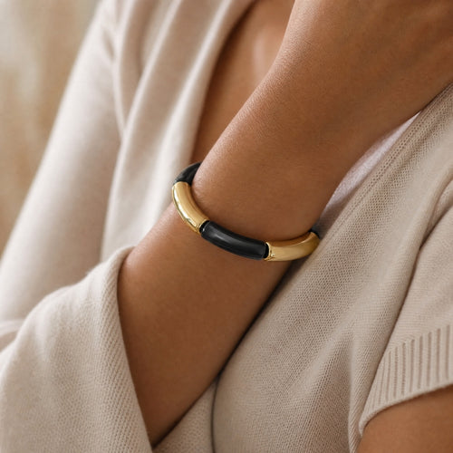 Black-marble & gold wide curved-tube stretch bracelet