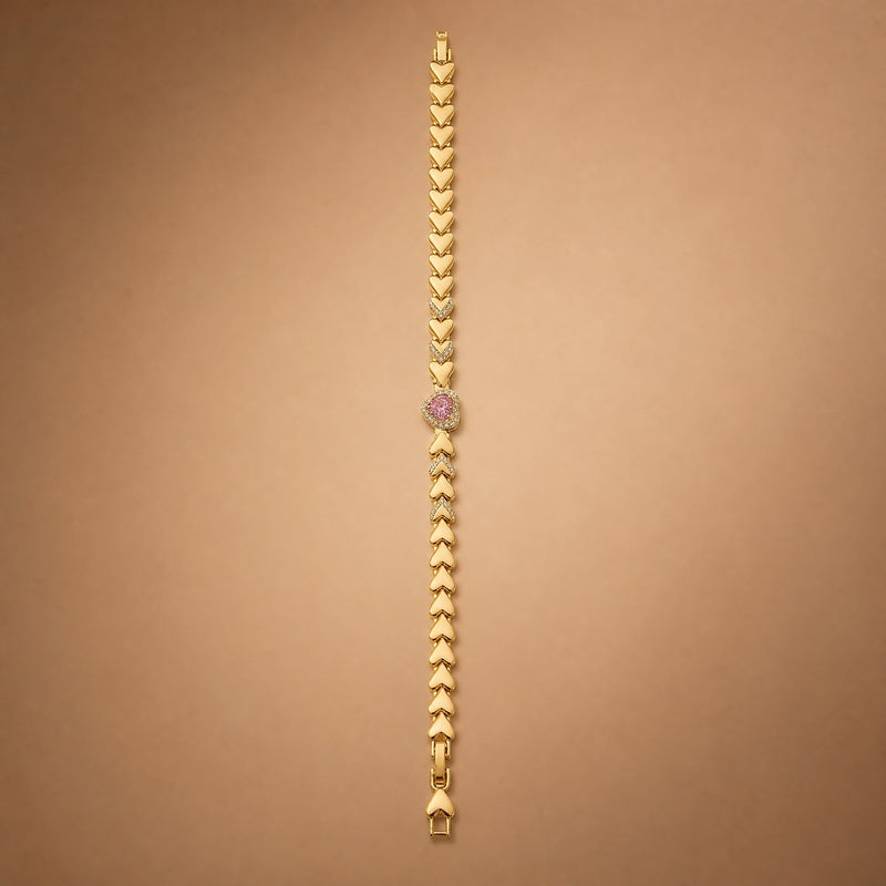 Gold heart-link bracelet, pink heart CZ centre