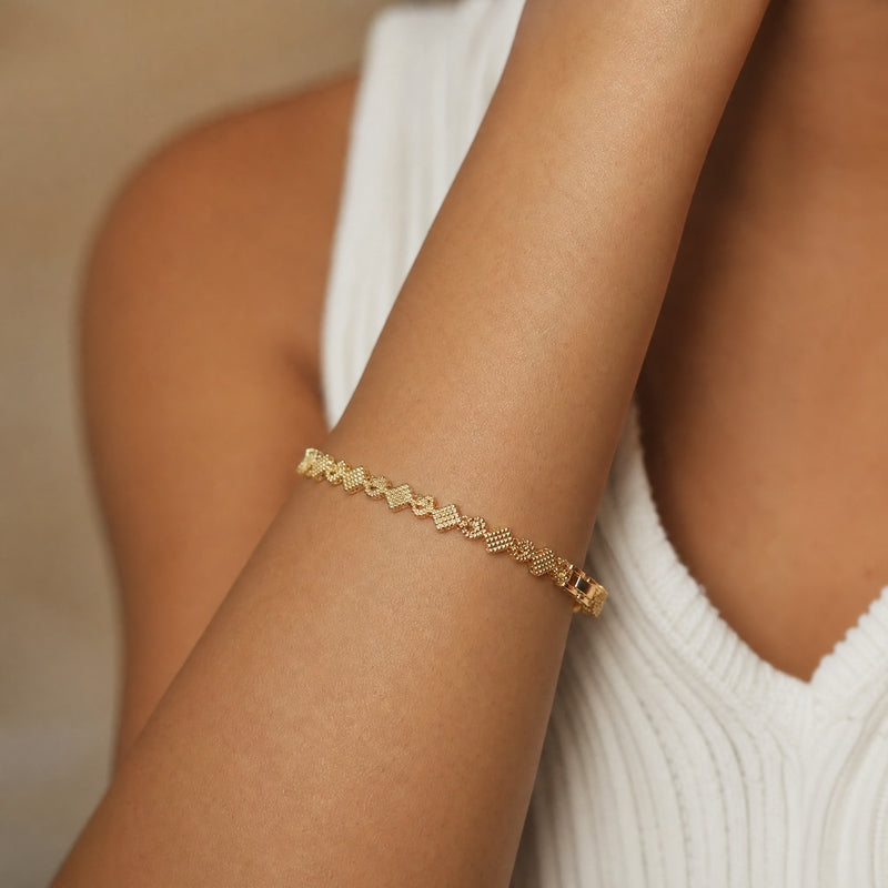 Gold CZ pavé link bracelet, diamond & heart links