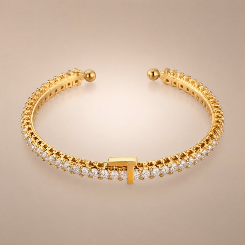 Gold open cuff bangle, CZ tennis row, ball ends