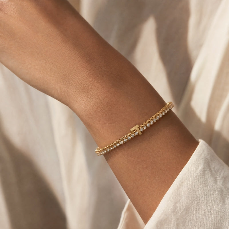 Gold open cuff bangle, CZ tennis row, ball ends