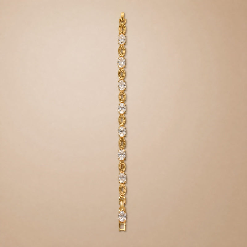 Gold bracelet, oval CZ solitaires & pavé open-oval links