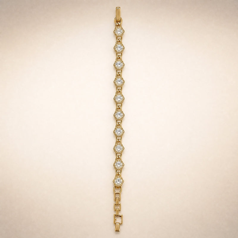 Gold heart-CZ link bracelet, pavé halos