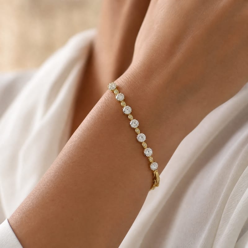 Gold bracelet, round CZ solitaires & pavé oval links