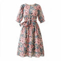 Floral Puff-Sleeve Tie-Waist Midi Dress – Pink & Blue