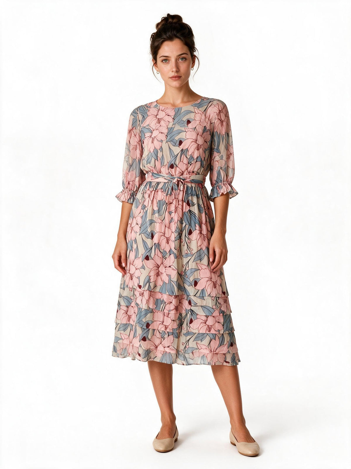 Pink and blue floral puff-sleeve tie-waist midi dress