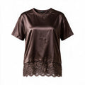 Satin Lace-Hem T-Shirt Top – Brown