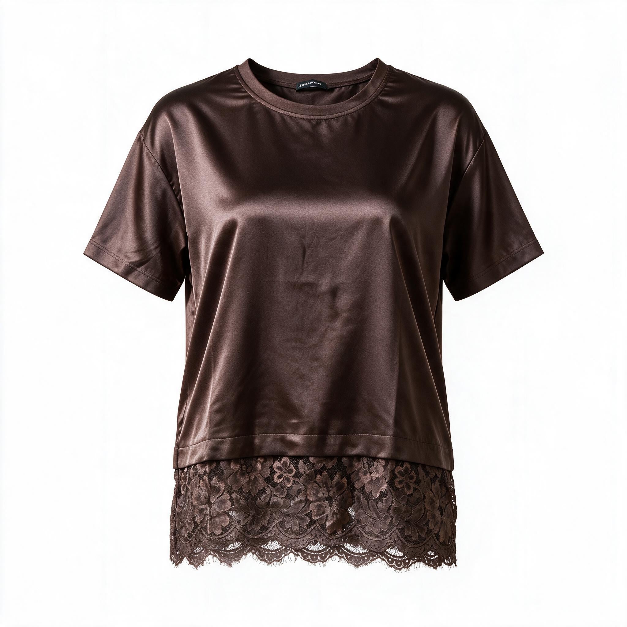 Satin Lace-Hem T-Shirt Top – Brown