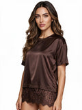 Brown satin lace-hem t-shirt top