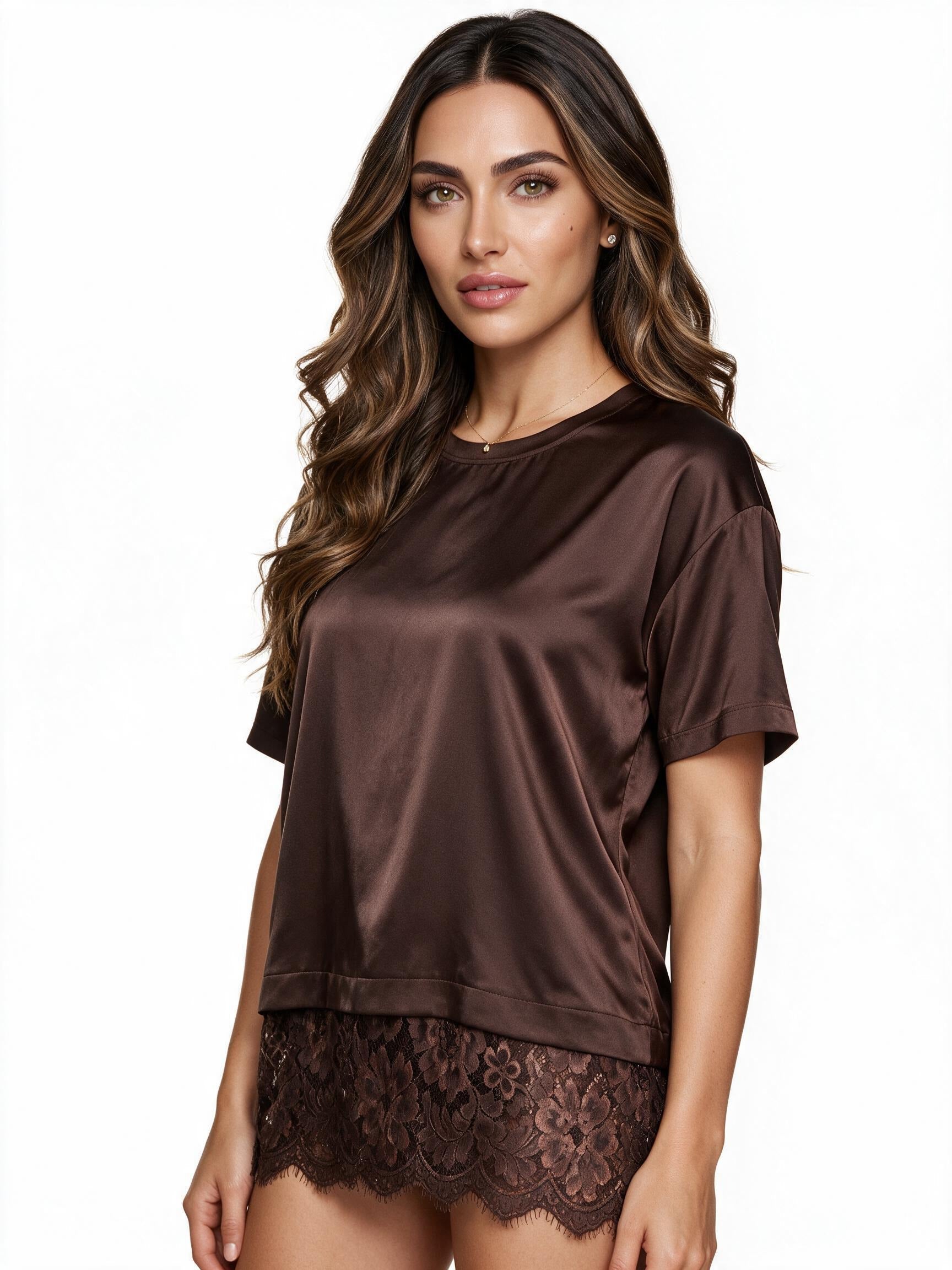 Brown satin lace-hem t-shirt top