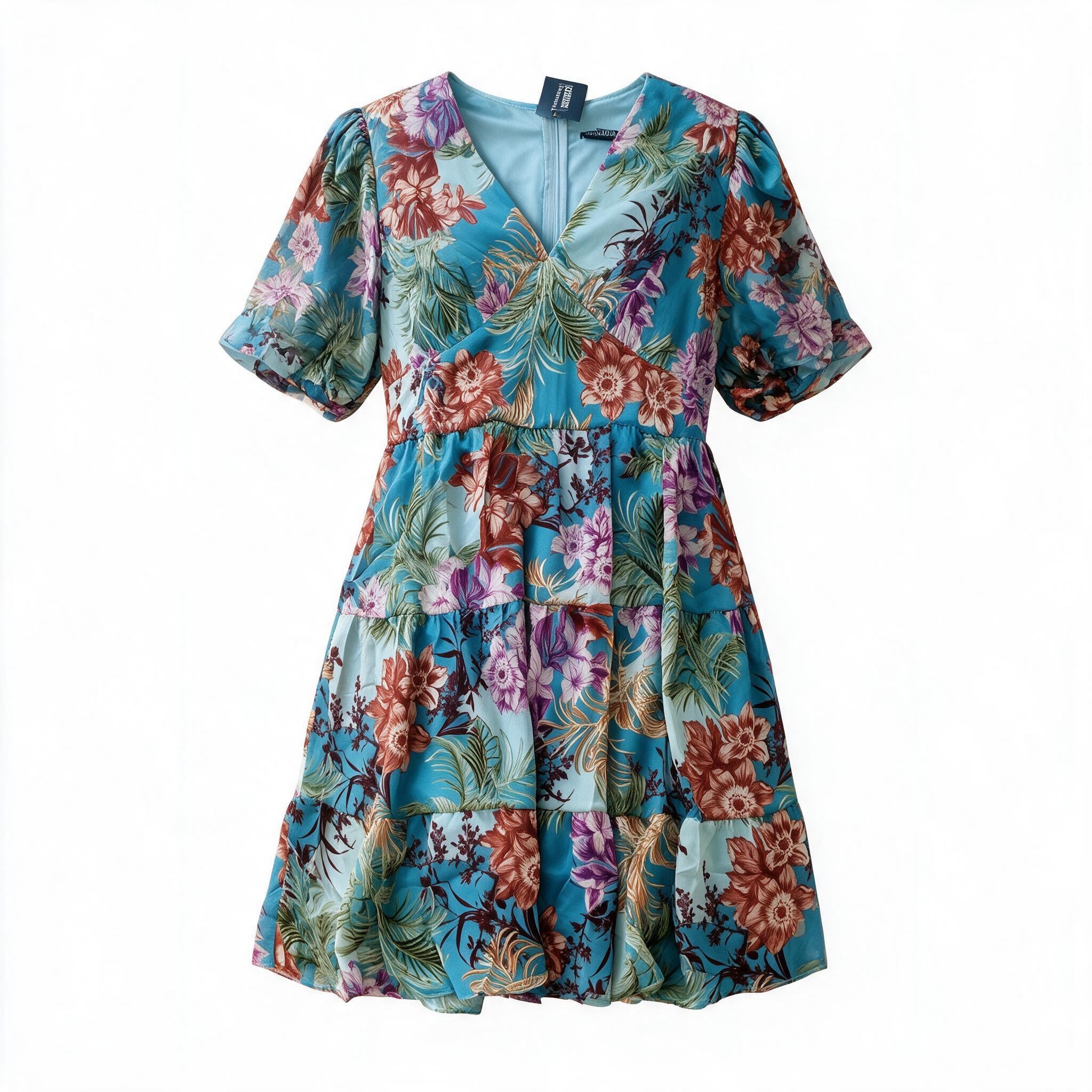 Tropical Floral Tiered Mini Dress – Blue