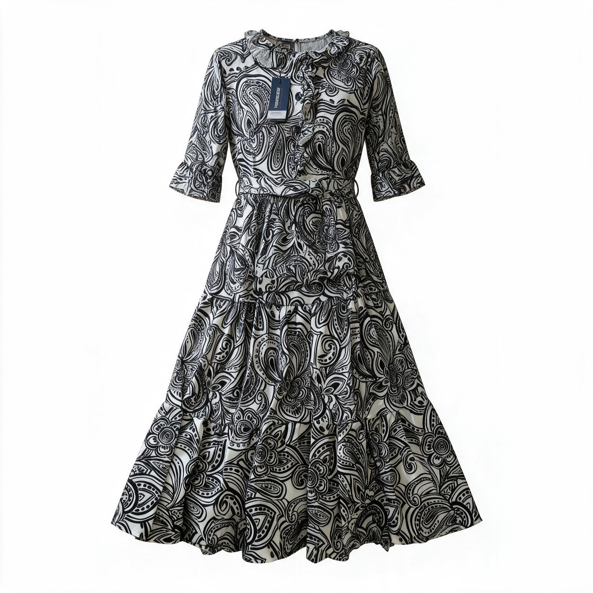Paisley Print Tiered Dress – Black & White