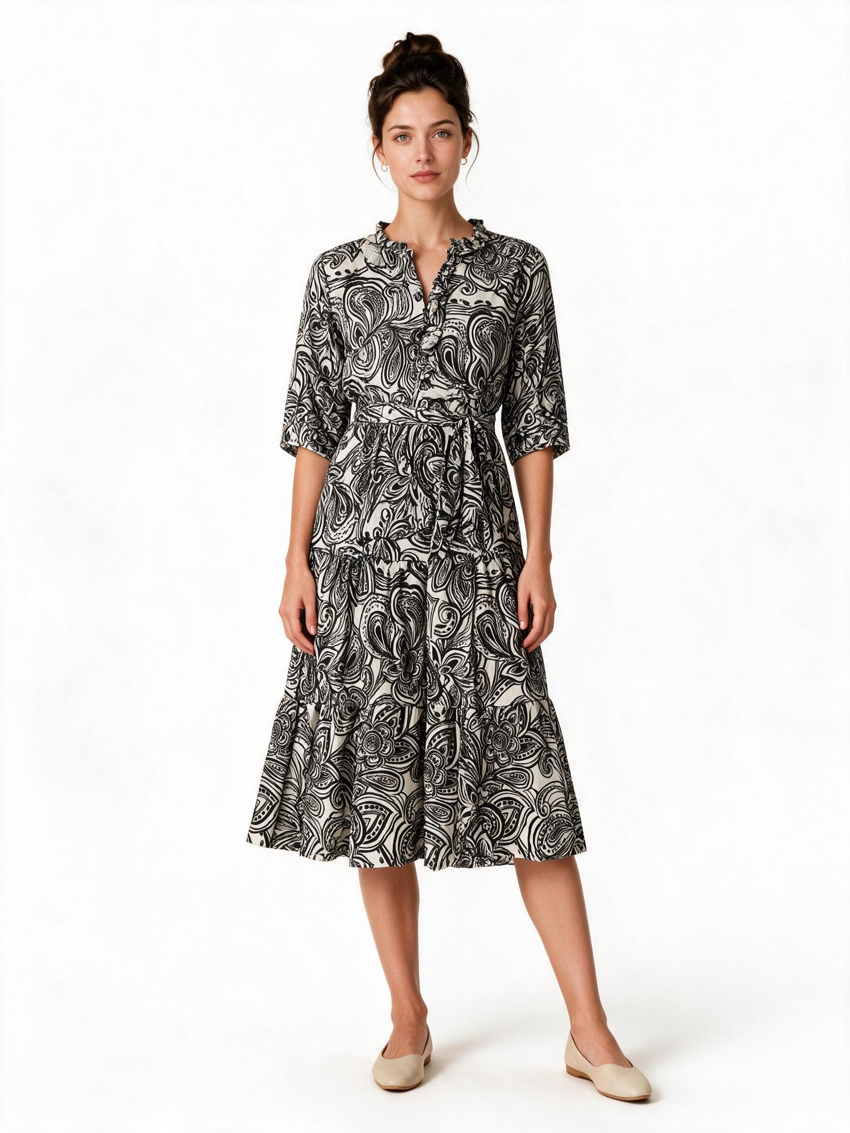 Black and white paisley print tiered dress