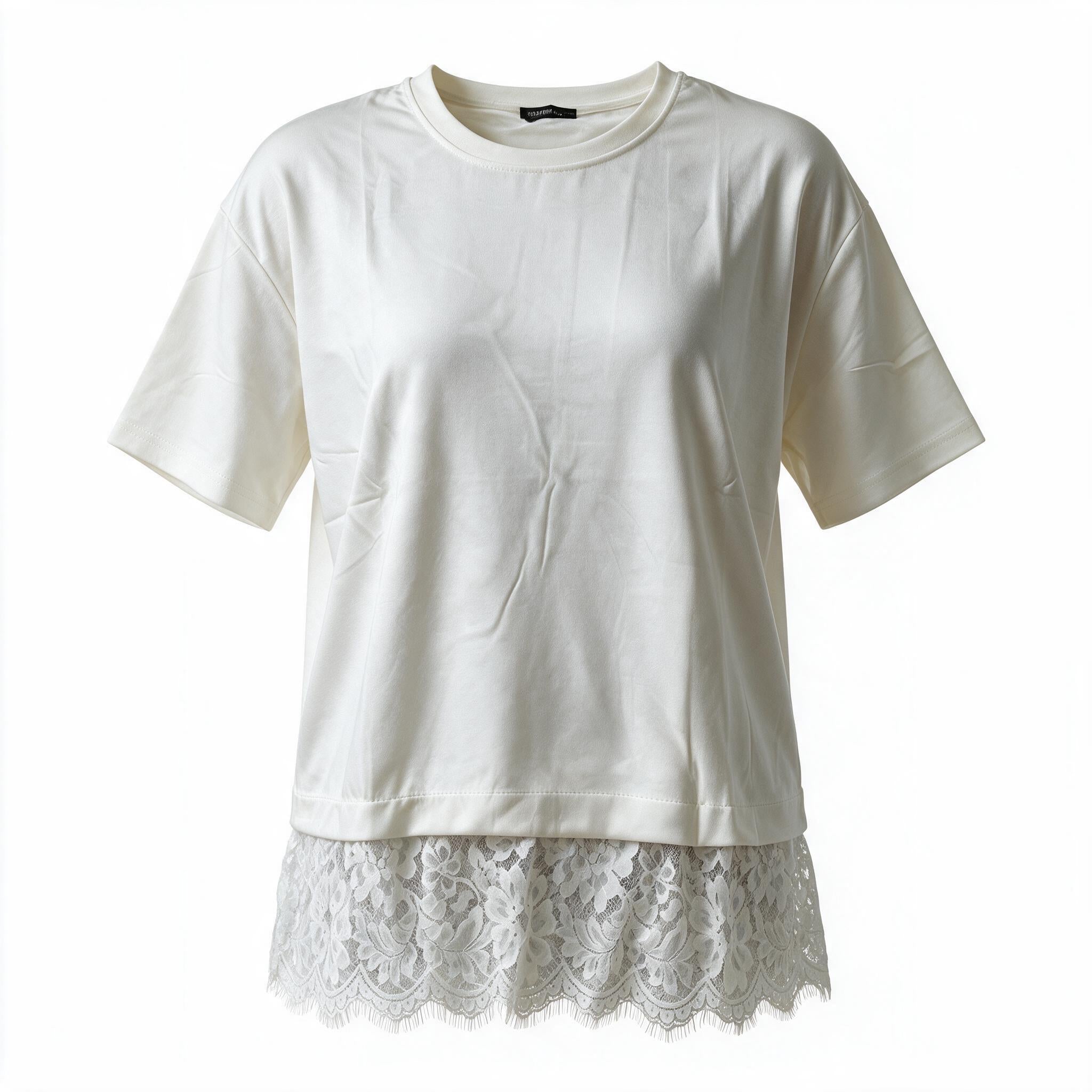 Satin Lace-Hem T-Shirt Top – Cream