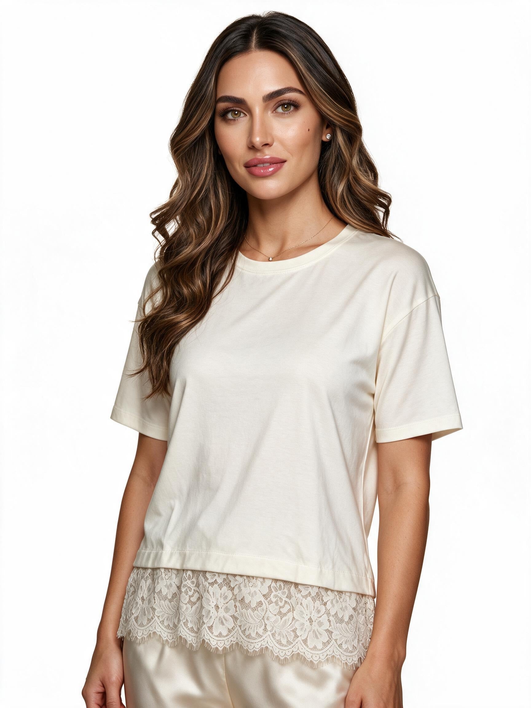 Cream satin lace-hem t-shirt top