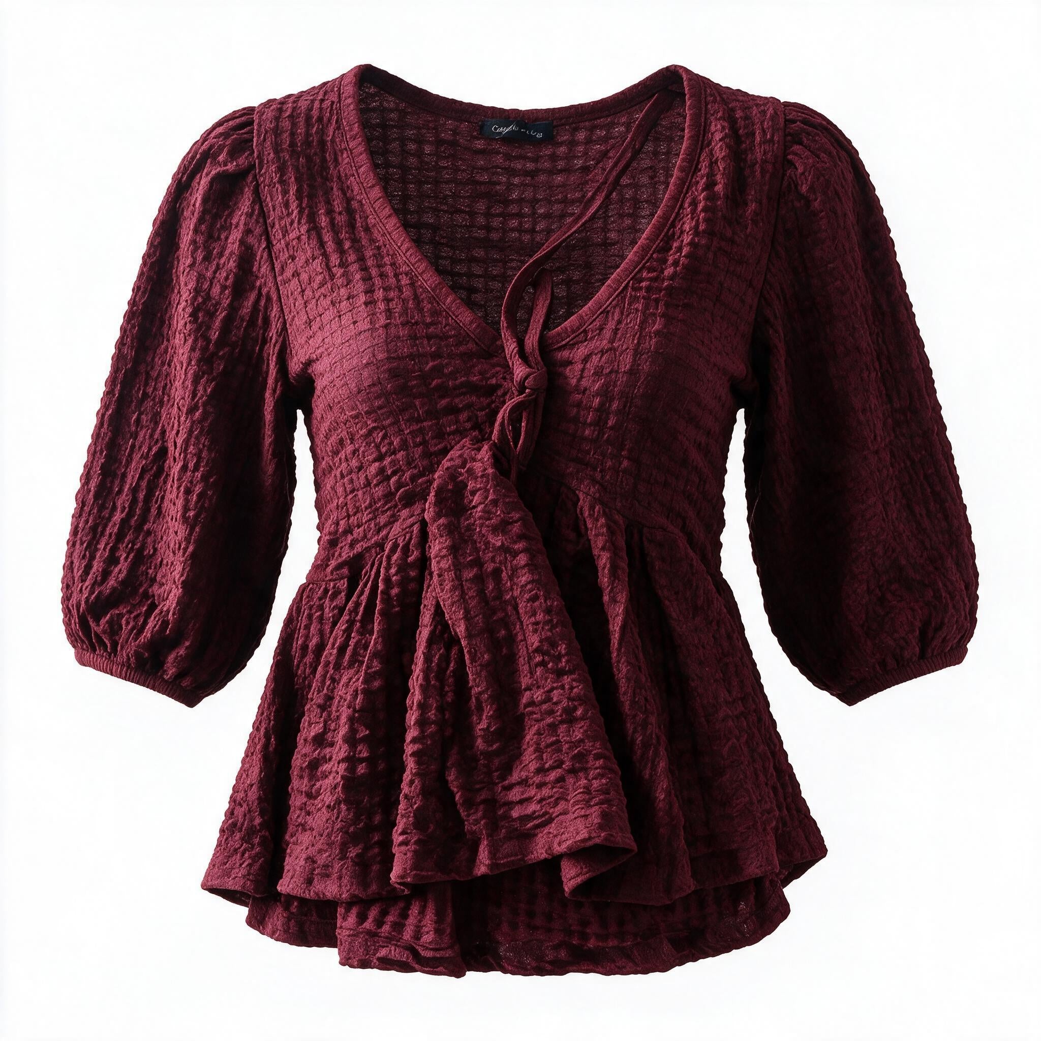Textured Ruffle Peplum Blouse – Burgundy