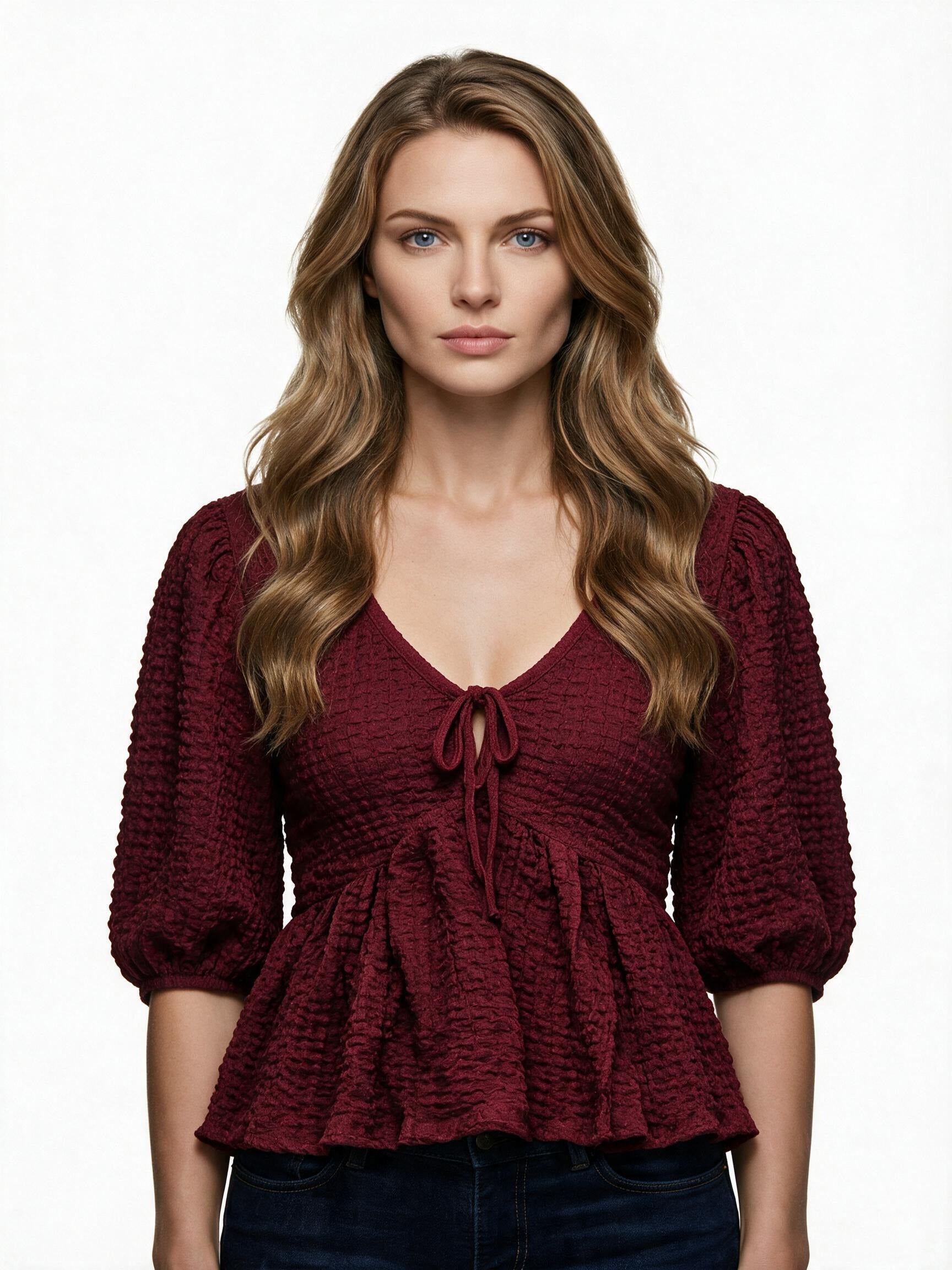 Burgundy textured ruffle peplum blouse