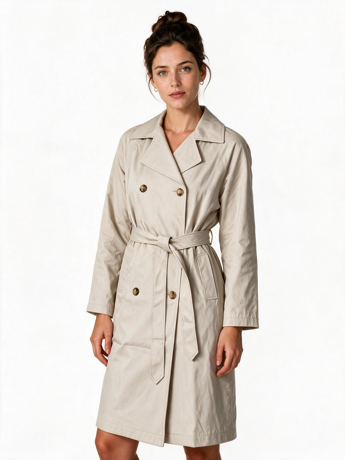 Beige belted trench coat
