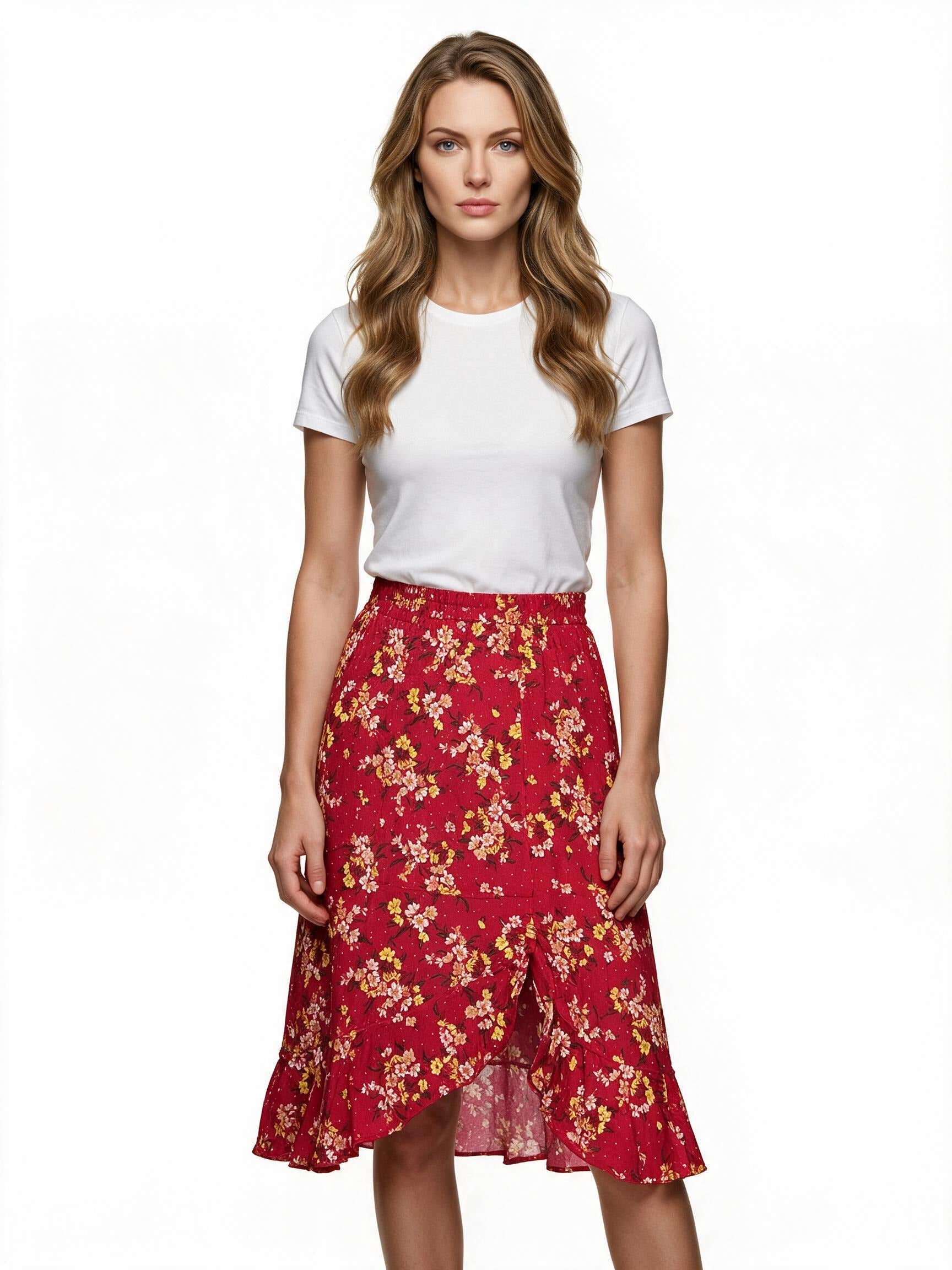 Red floral skirt