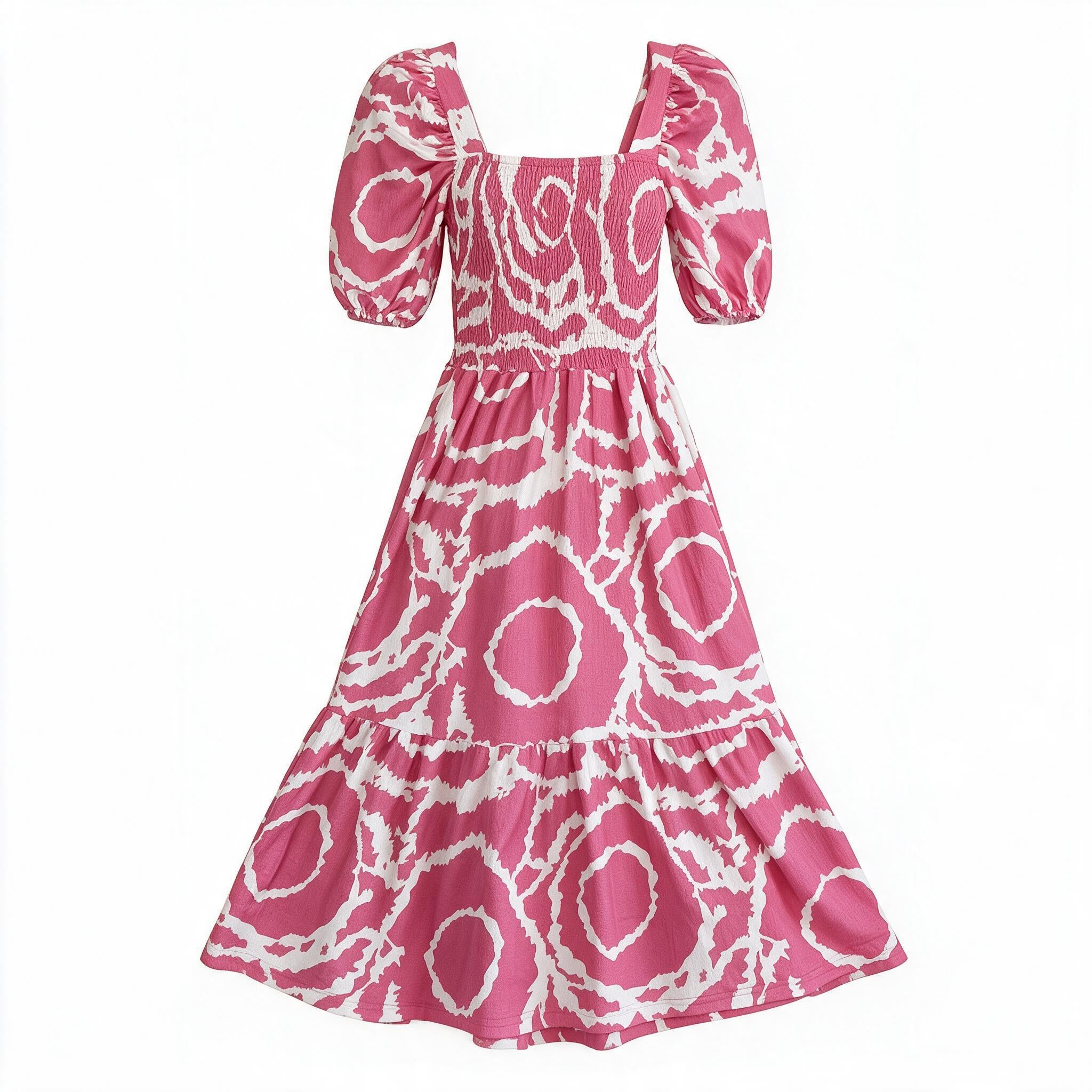 Pink & white floral puff-sleeve dress