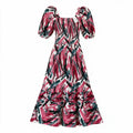 Pink/red abstract floral puff-sleeve maxi dress
