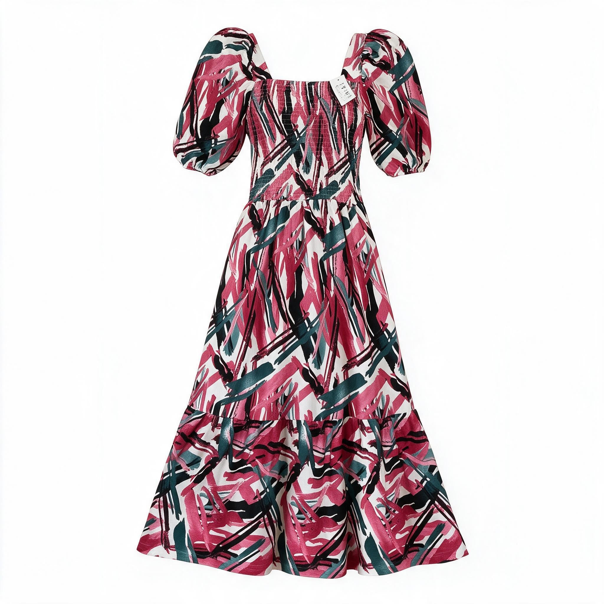 Pink/red abstract floral puff-sleeve maxi dress