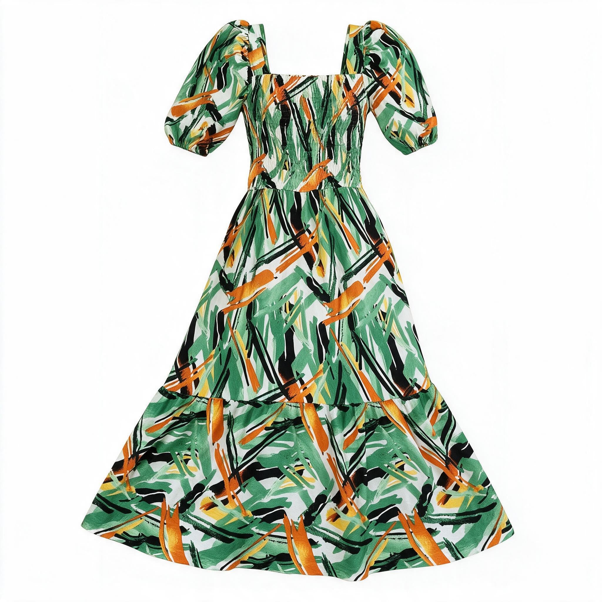 Green tropical print puff-sleeve dress