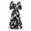 Navy & white floral puff-sleeve maxi dress