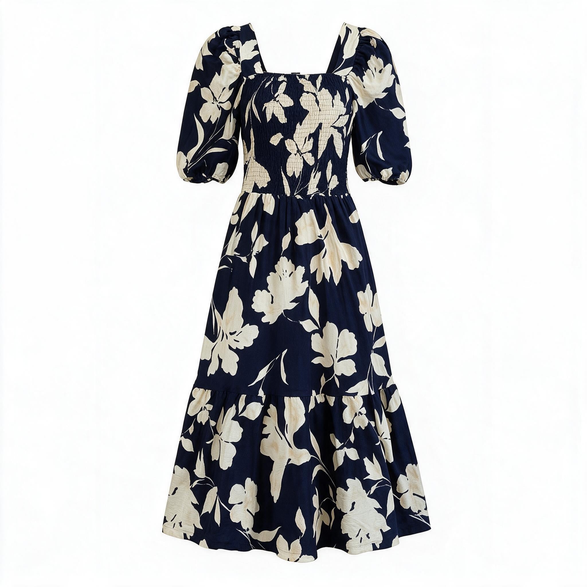 Navy & white floral puff-sleeve maxi dress
