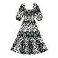 Black & white aztec puff-sleeve maxi dress