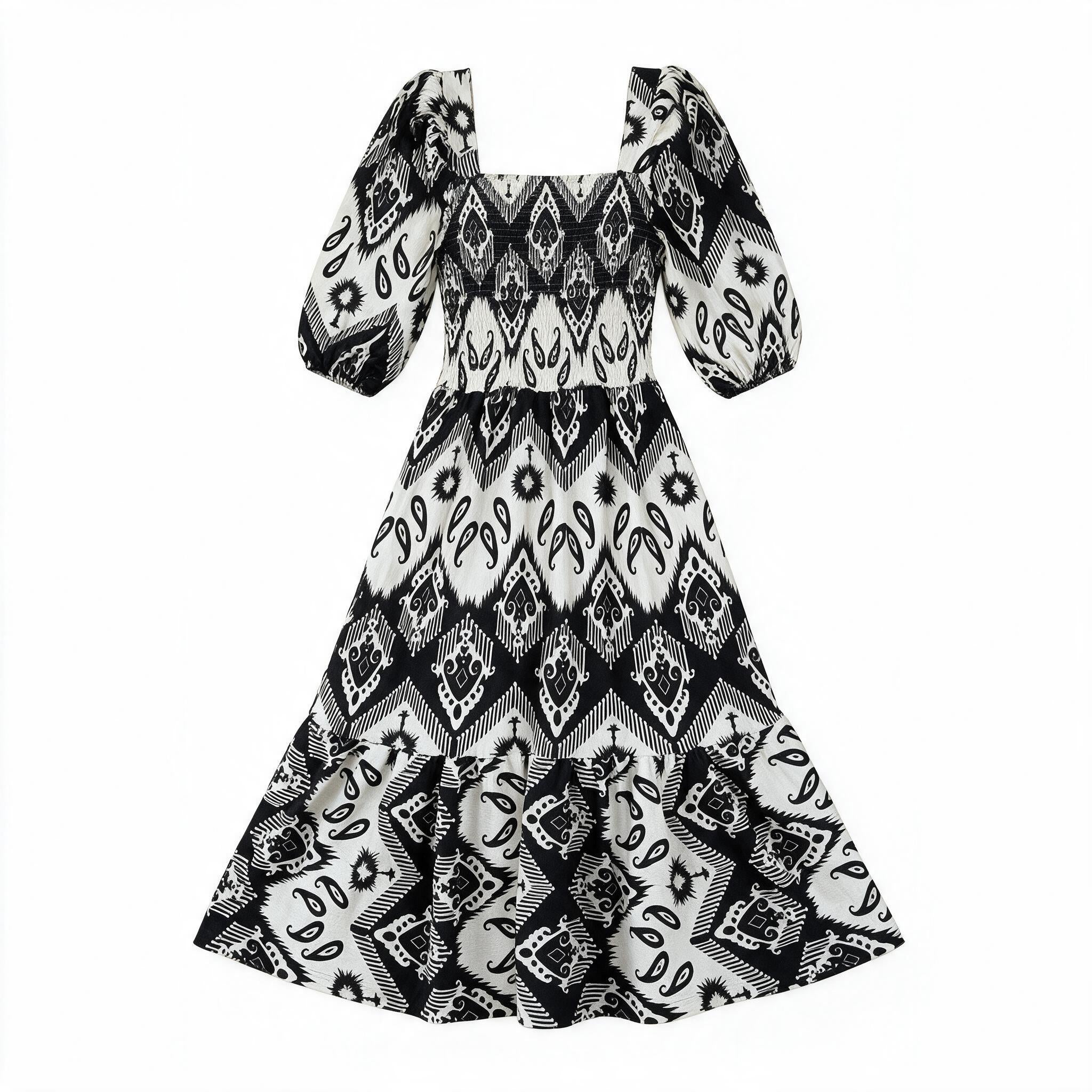 Black & white aztec puff-sleeve maxi dress