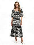 Black and white aztec puff-sleeve maxi dress