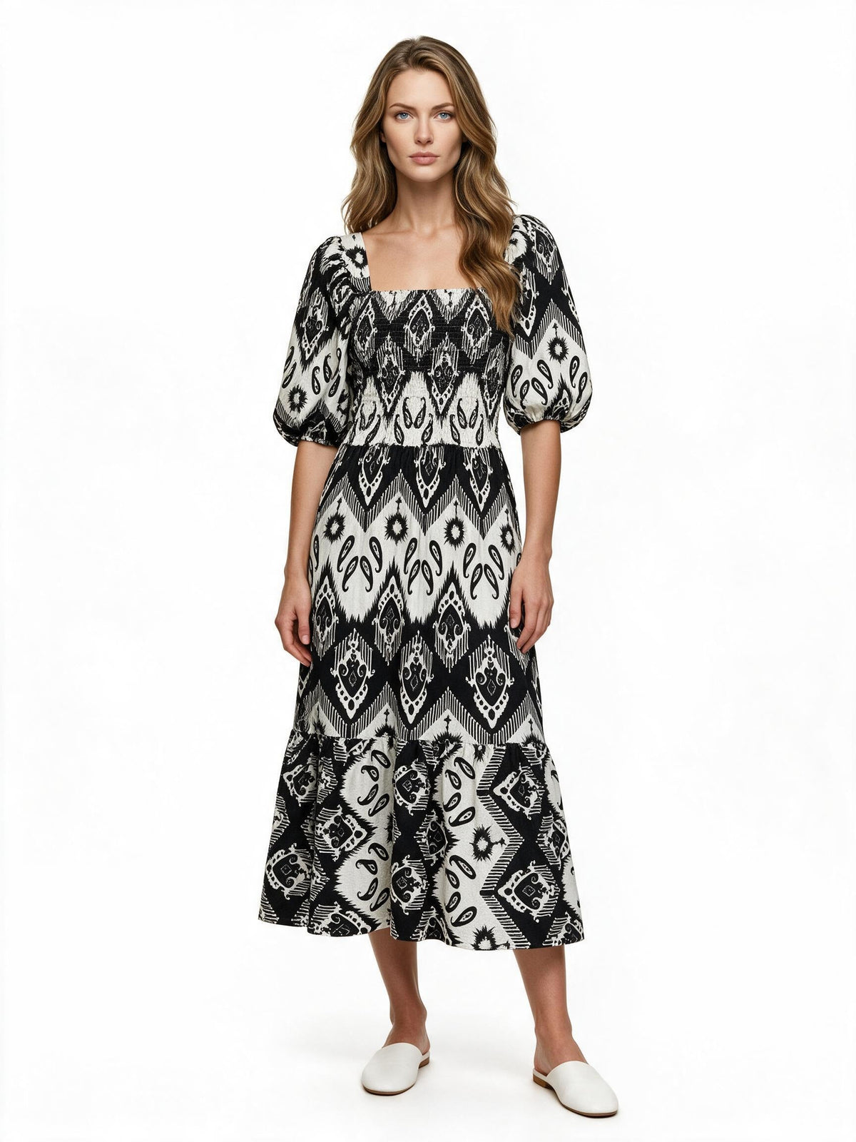 Black and white aztec puff-sleeve maxi dress