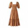 Tan/rust tiered puff-sleeve maxi dress
