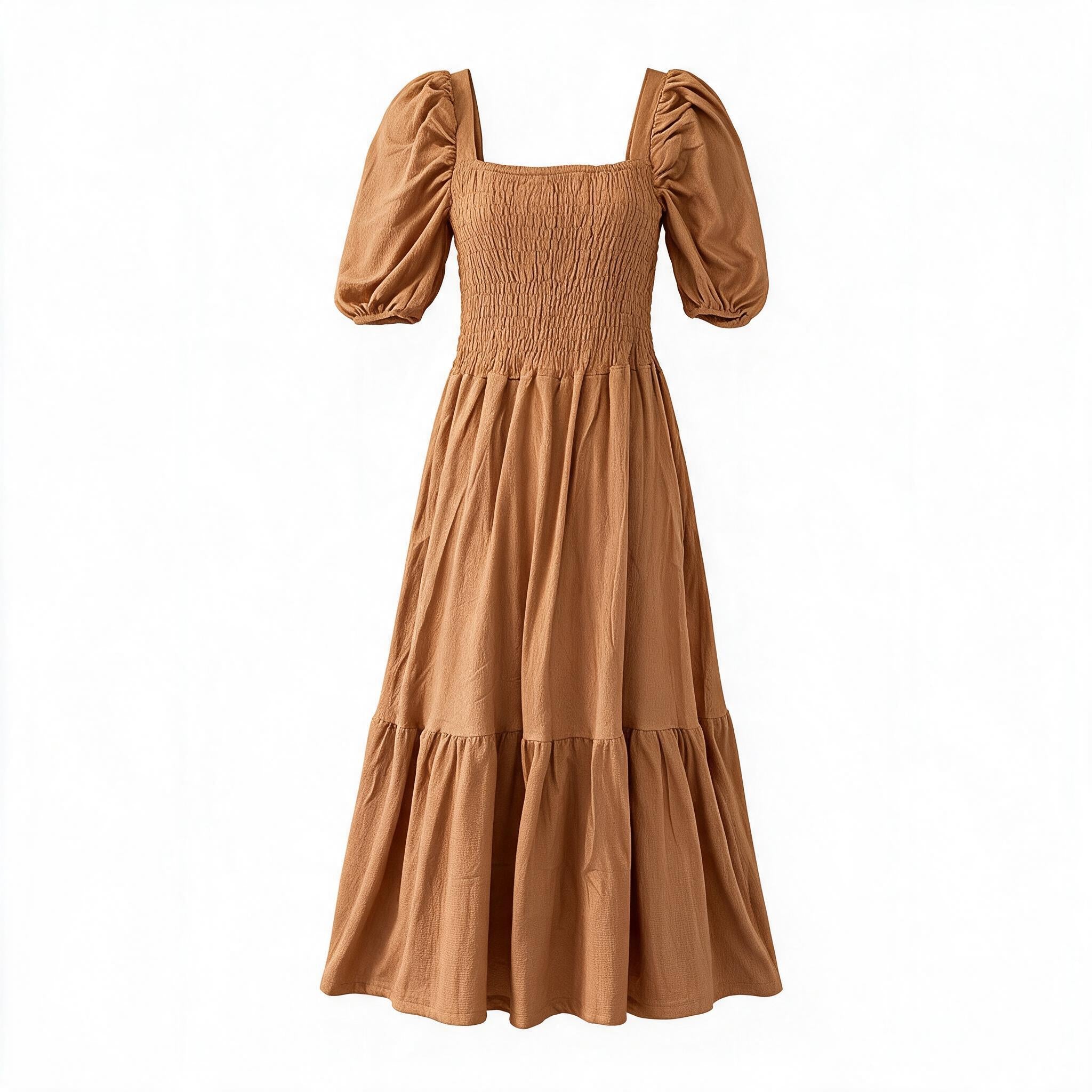 Tan/rust tiered puff-sleeve maxi dress
