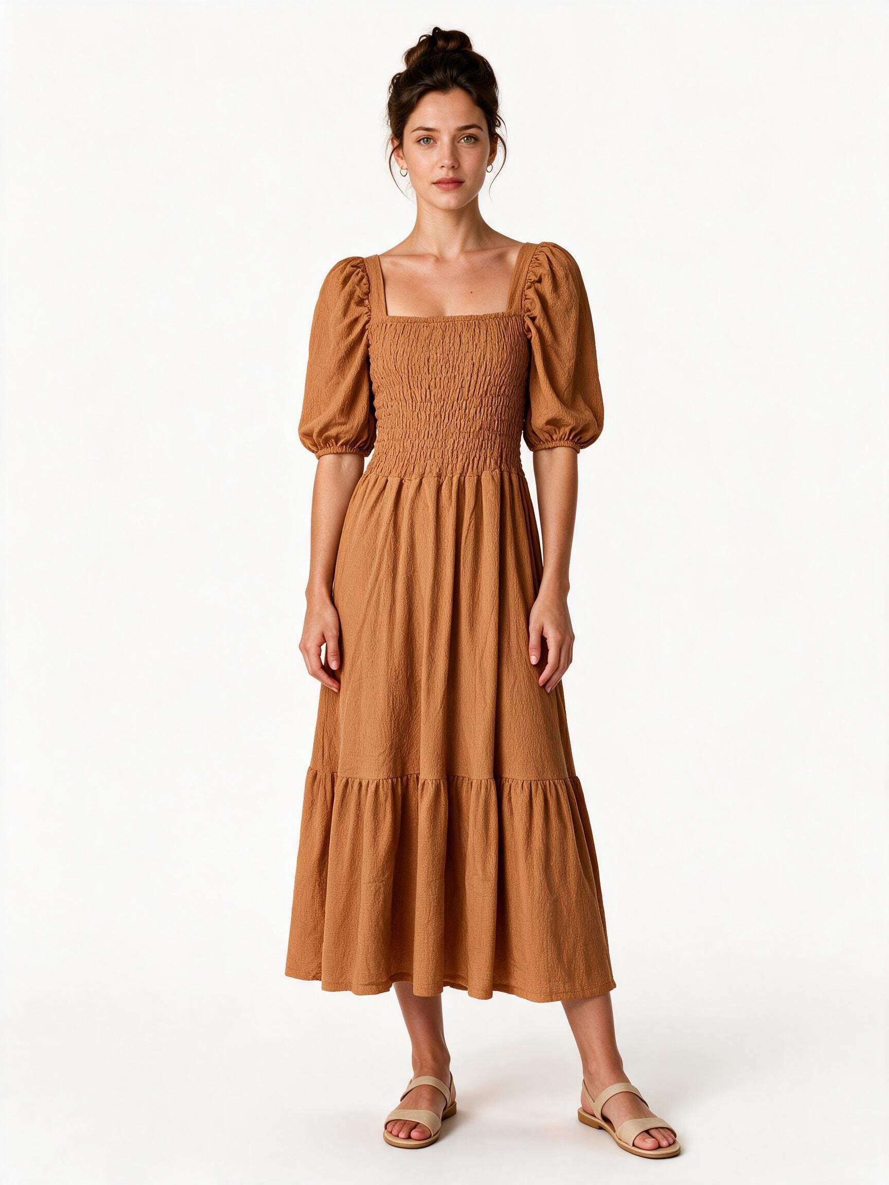 Tan tiered puff-sleeve maxi dress