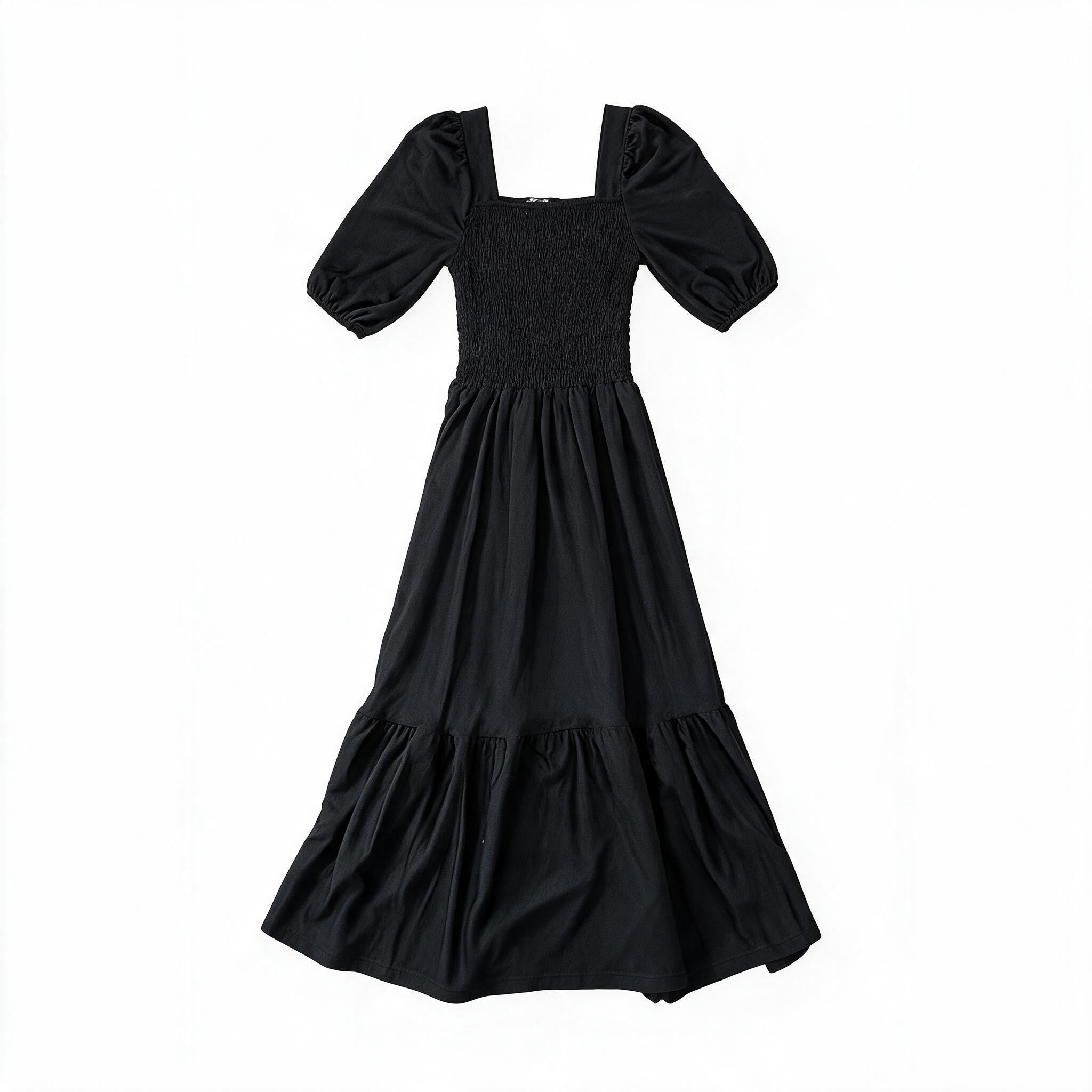 Black tiered puff-sleeve maxi dress