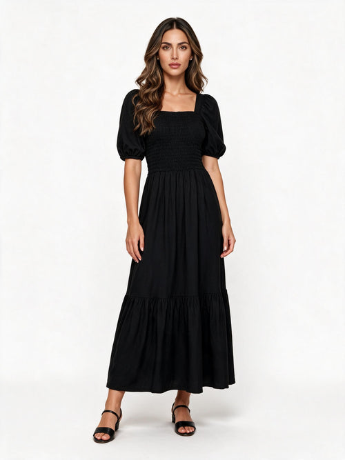 Black tiered puff-sleeve maxi dress
