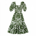 Green & white bold floral puff-sleeve dress