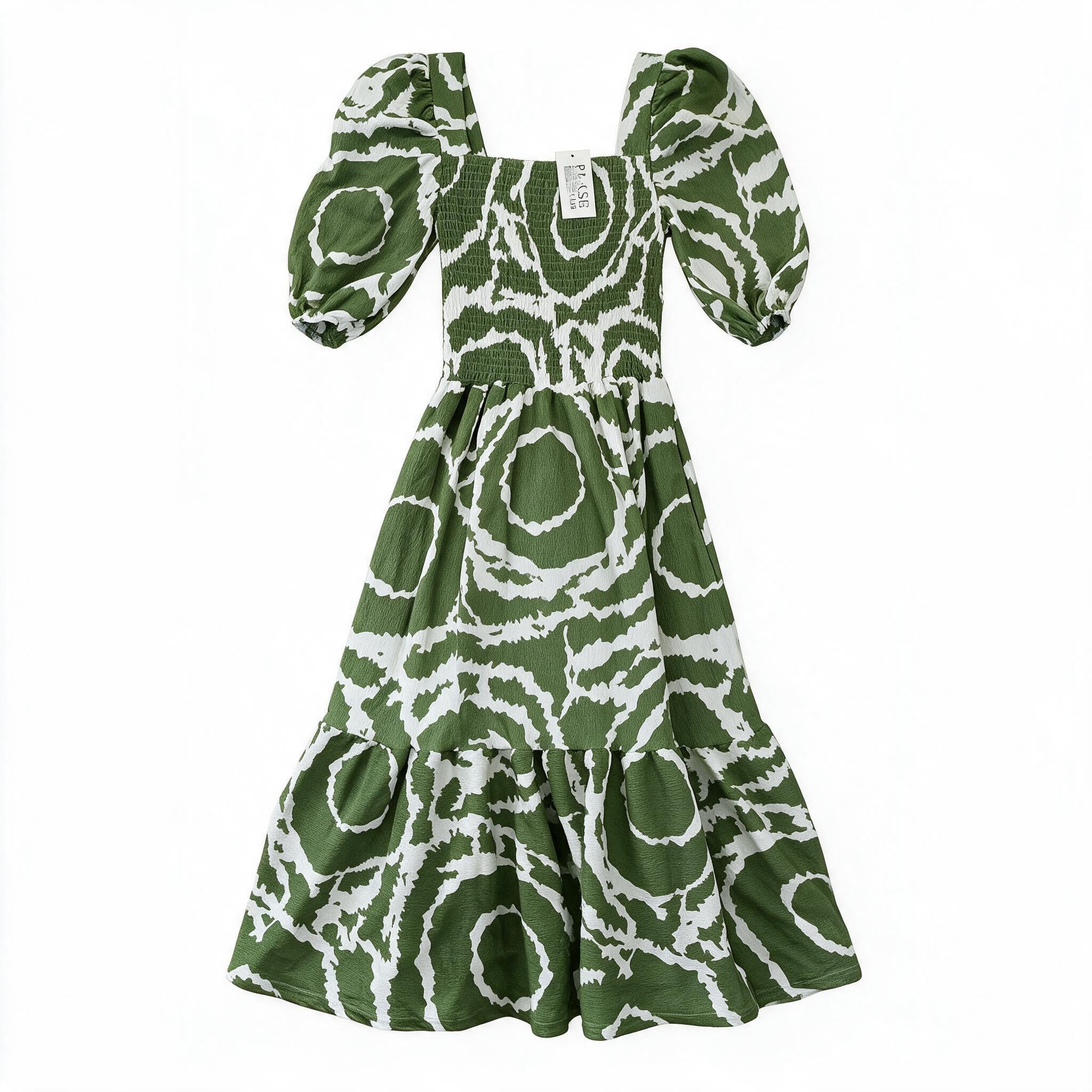 Green & white bold floral puff-sleeve dress