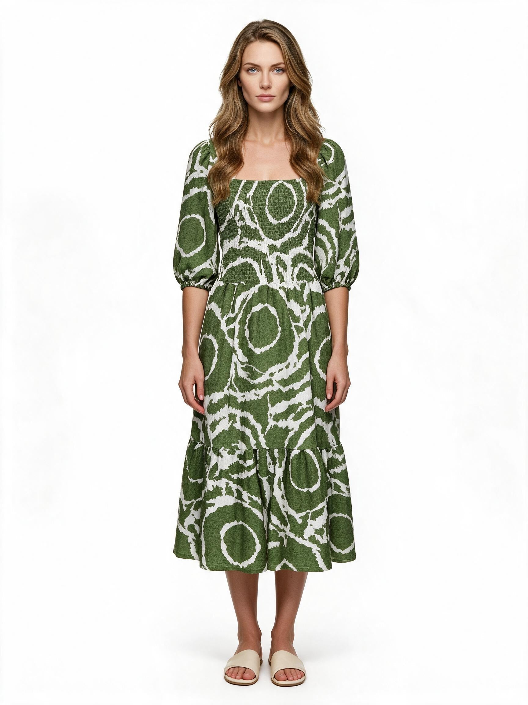 Green and white bold floral puff-sleeve dress