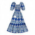 Blue & white bold floral puff-sleeve dress