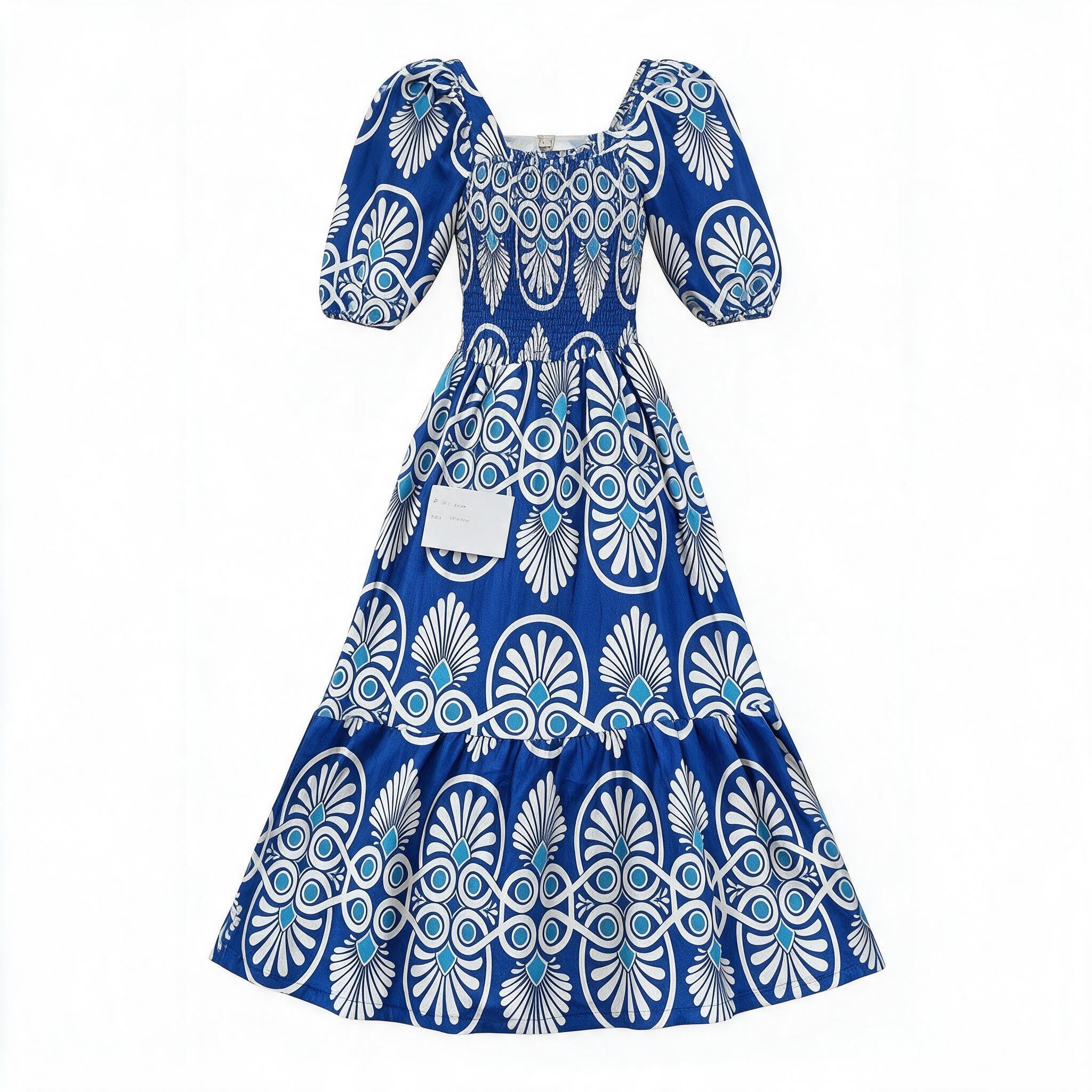 Blue & white bold floral puff-sleeve dress