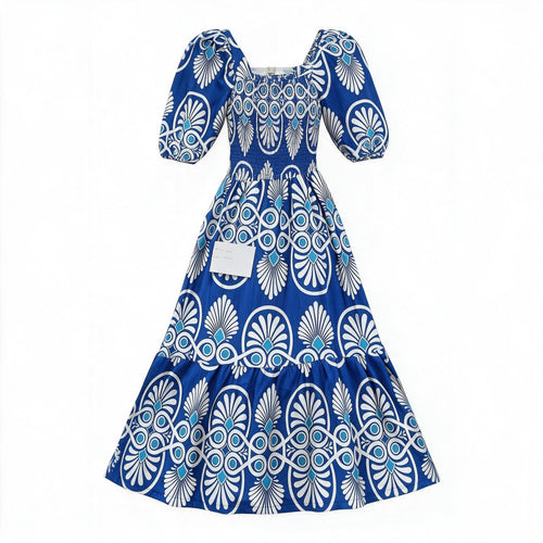 Blue & white bold floral puff-sleeve dress