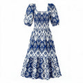 Blue & white ikat smocked puff-sleeve maxi dress