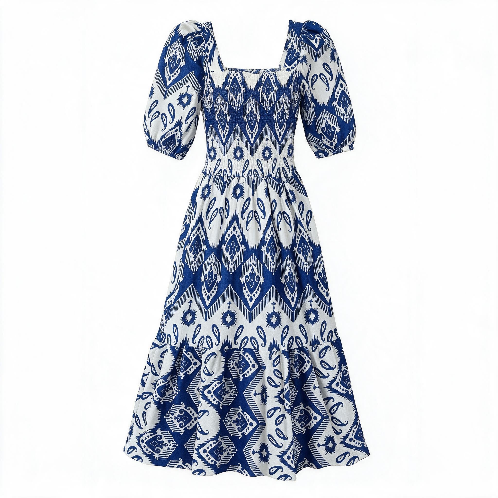 Blue & white ikat smocked puff-sleeve maxi dress